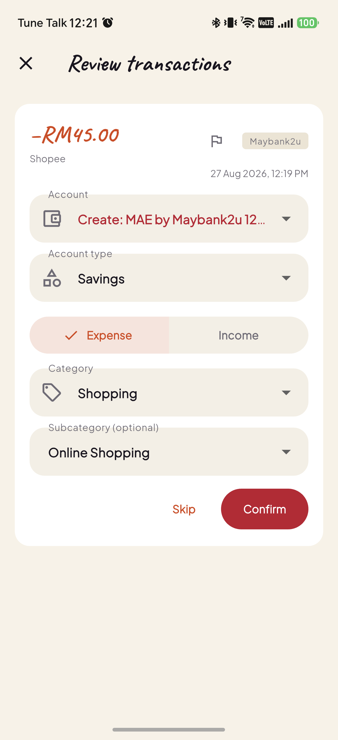 Pitih pending transaction review screen